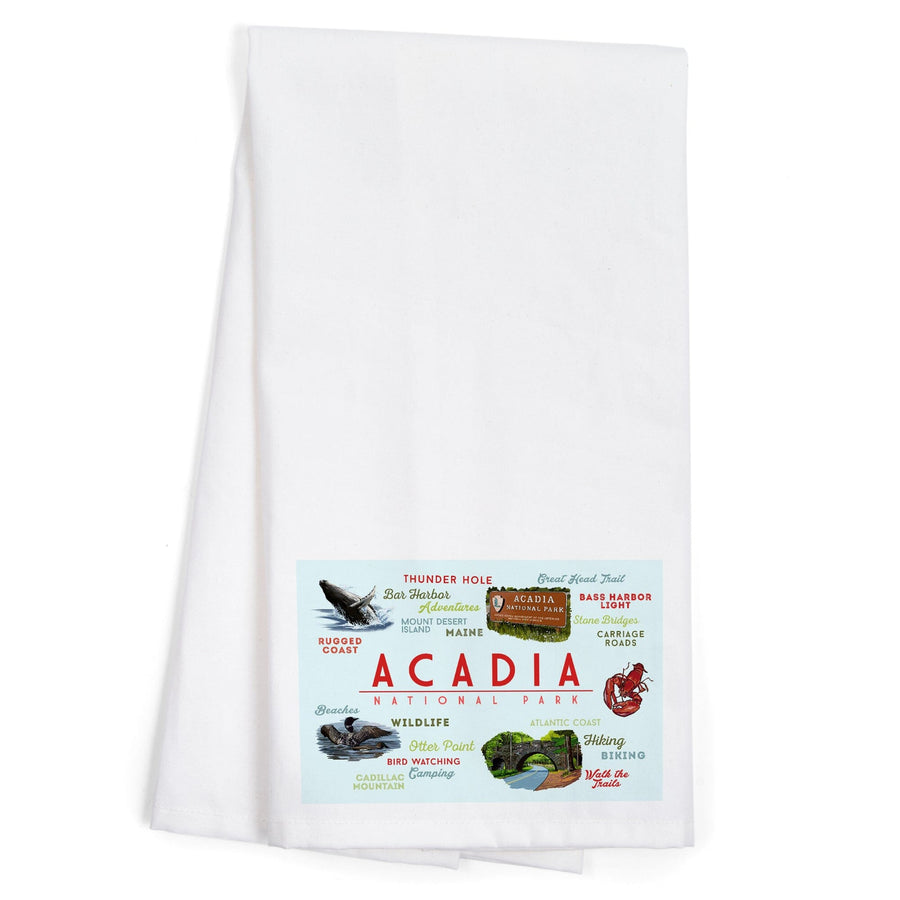 Acadia National Park, Maine, Typogrphy and Icons, Organic Cotton Kitchen Tea Towels Kitchen Lantern Press 