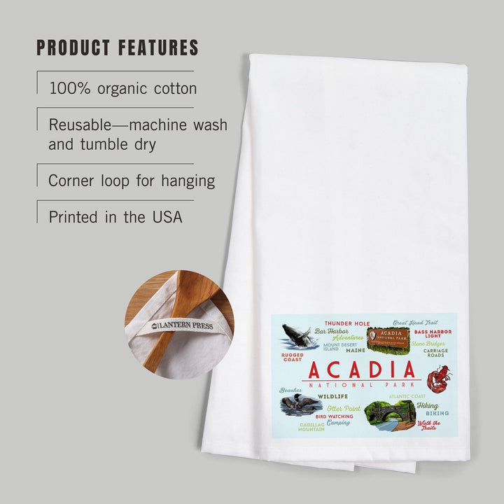 Acadia National Park, Maine, Typogrphy and Icons, Organic Cotton Kitchen Tea Towels Kitchen Lantern Press 