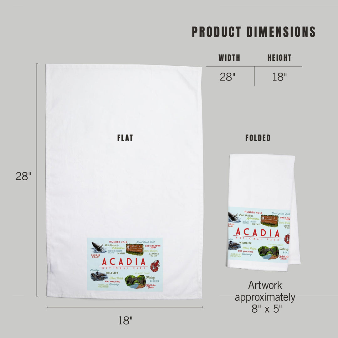 Acadia National Park, Maine, Typogrphy and Icons, Organic Cotton Kitchen Tea Towels Kitchen Lantern Press 