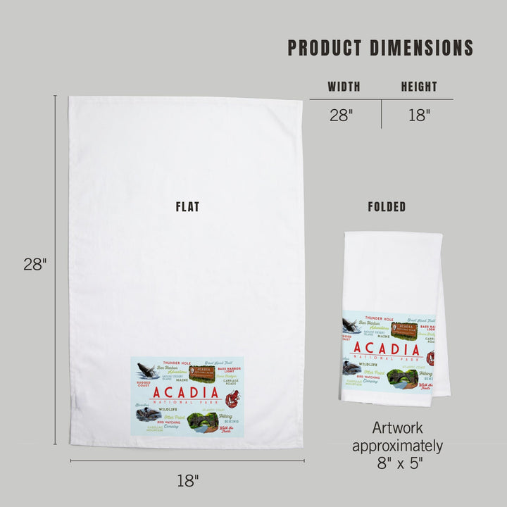 Acadia National Park, Maine, Typogrphy and Icons, Organic Cotton Kitchen Tea Towels Kitchen Lantern Press 