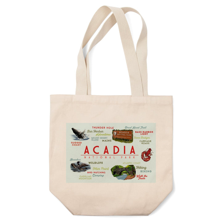 Acadia National Park, Maine, Typogrphy and Icons, Tote Bag Totes Lantern Press 