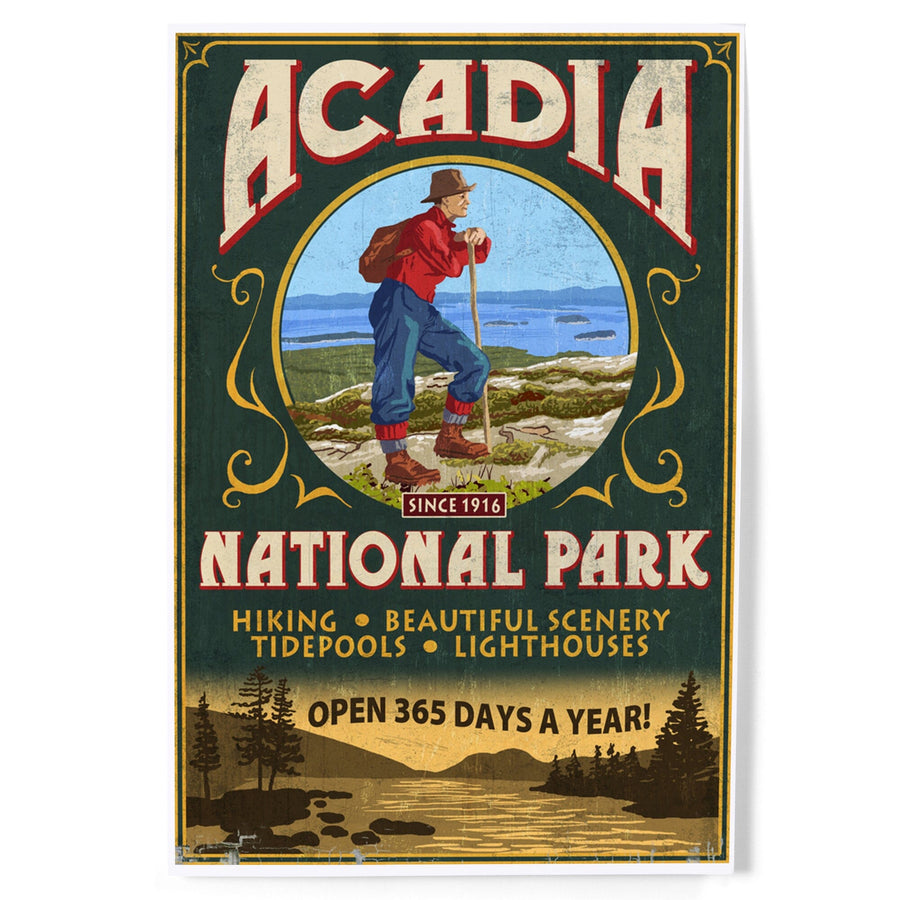 Acadia National Park, Maine, Vintage Hiker Sign, Art & Giclee Prints Art Lantern Press 