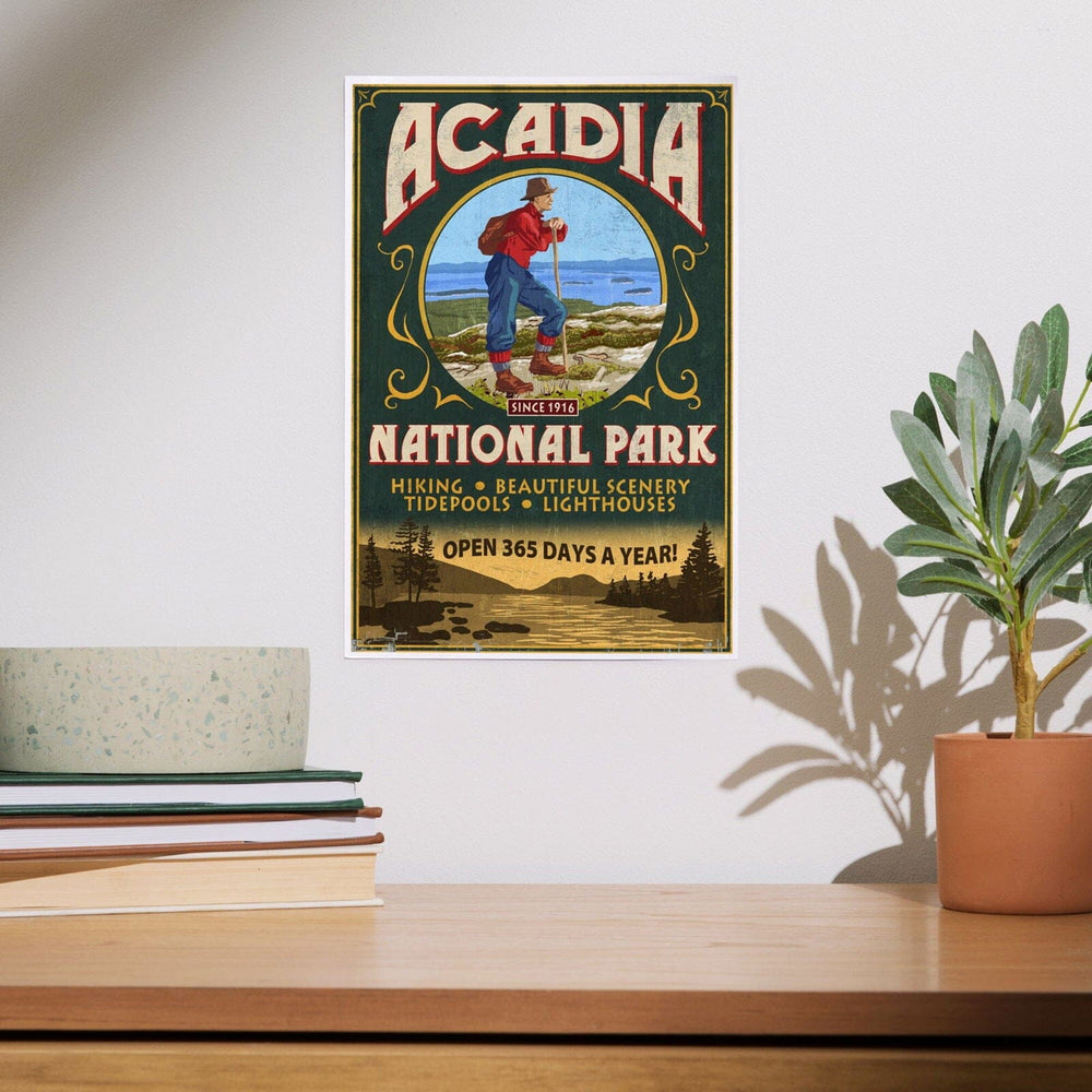 Acadia National Park, Maine, Vintage Hiker Sign, Art & Giclee Prints Art Lantern Press 