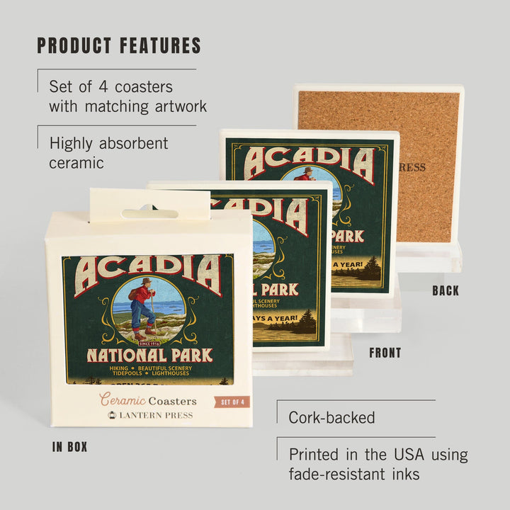 Acadia National Park, Maine, Vintage Hiker Sign, Coasters Coasters Lantern Press 