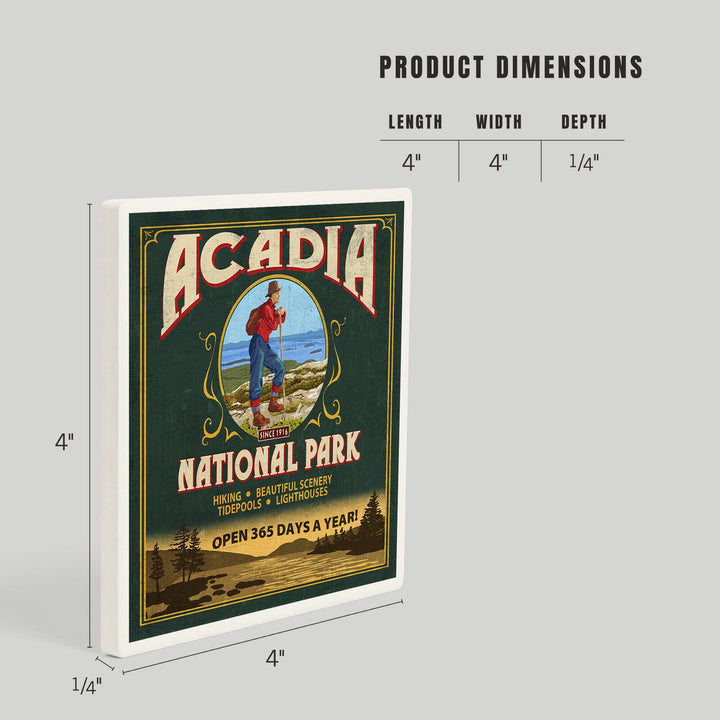 Acadia National Park, Maine, Vintage Hiker Sign, Coasters Coasters Lantern Press 