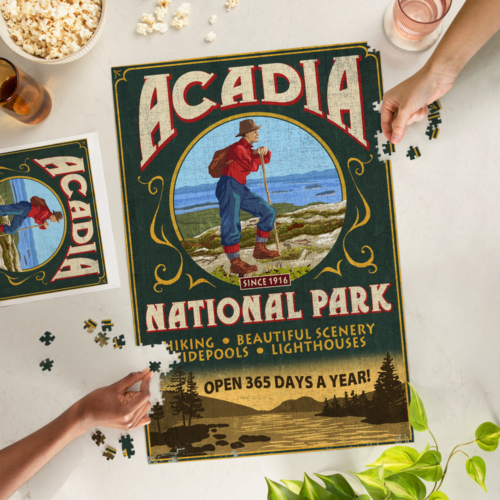Acadia National Park, Maine, Vintage Hiker Sign, Jigsaw Puzzle Puzzle Lantern Press 