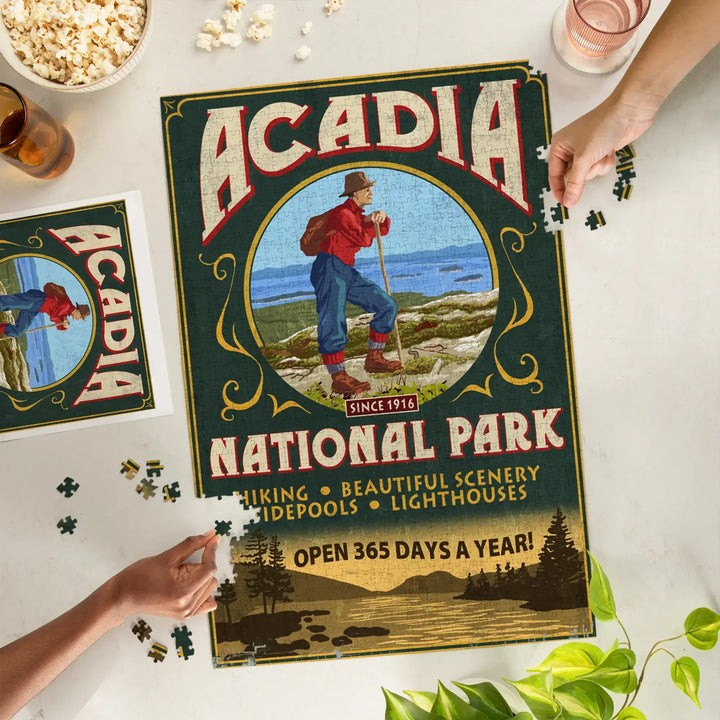 Acadia National Park, Maine, Vintage Hiker Sign, Jigsaw Puzzle Puzzle Lantern Press 
