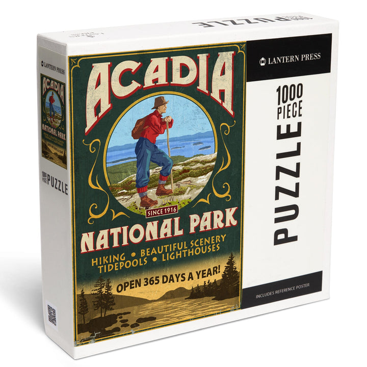 Acadia National Park, Maine, Vintage Hiker Sign, Jigsaw Puzzle Puzzle Lantern Press 
