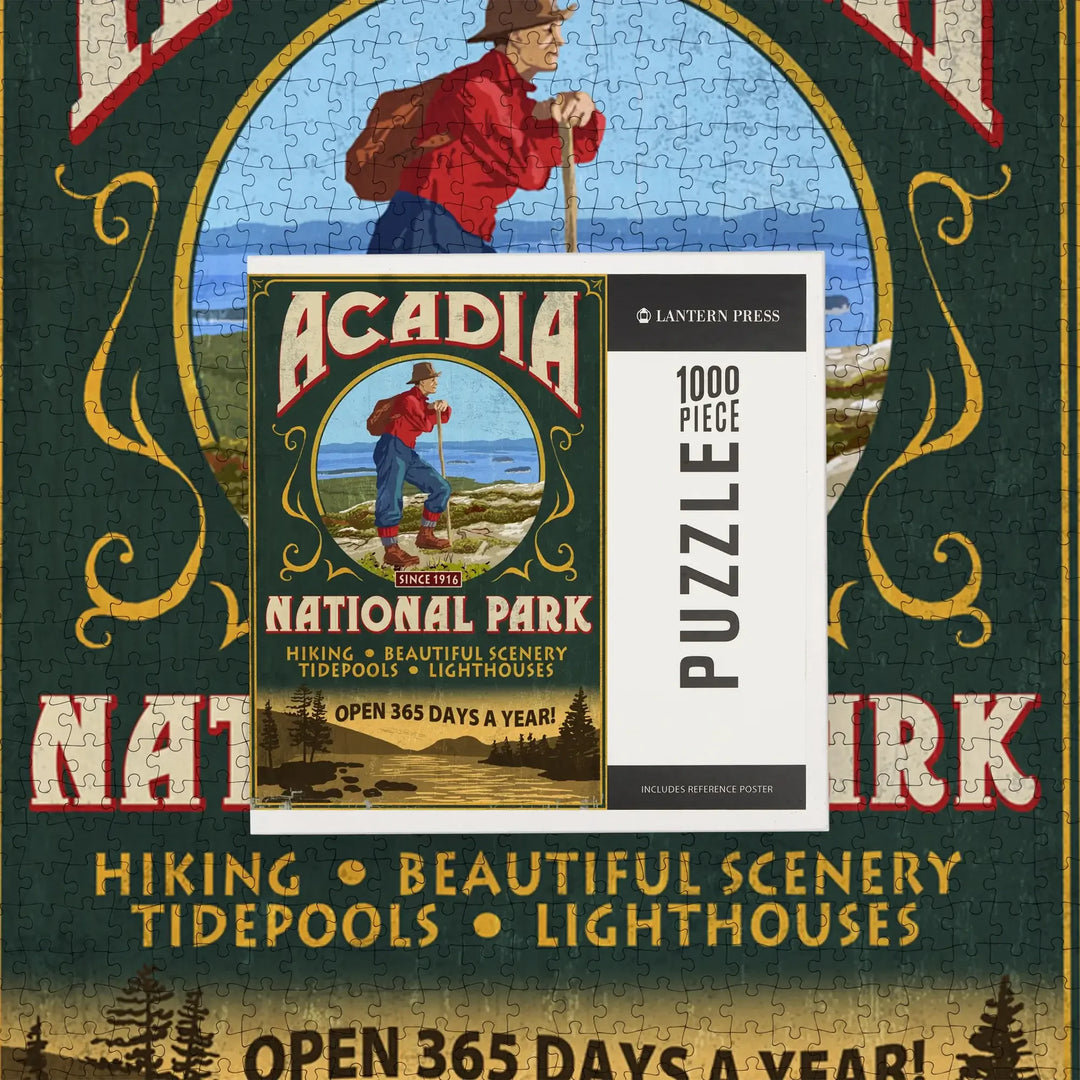 Acadia National Park, Maine, Vintage Hiker Sign, Jigsaw Puzzle Puzzle Lantern Press 