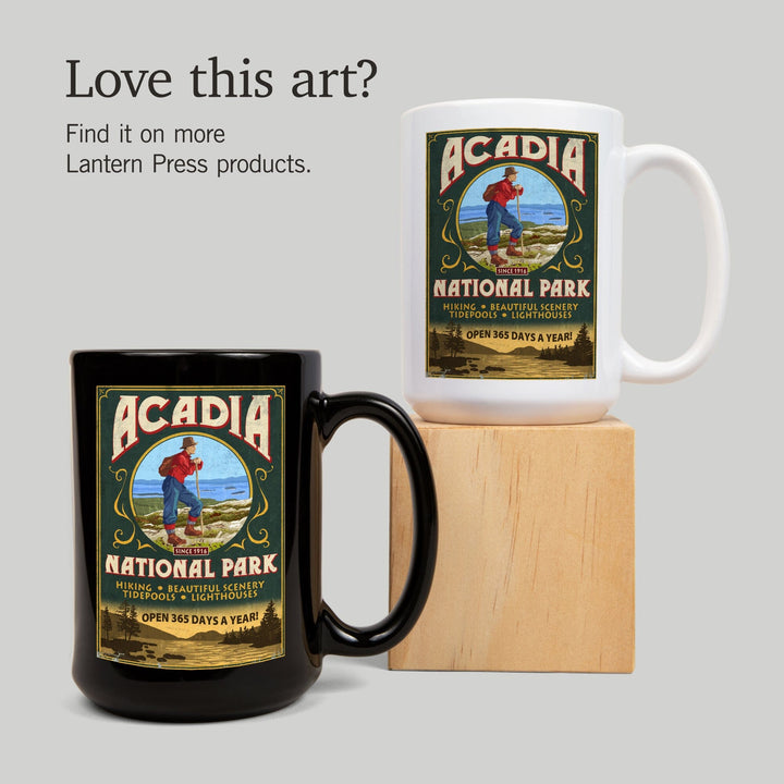 Acadia National Park, Maine, Vintage Hiker Sign, Lantern Press Artwork, Ceramic Mug Mugs Lantern Press 