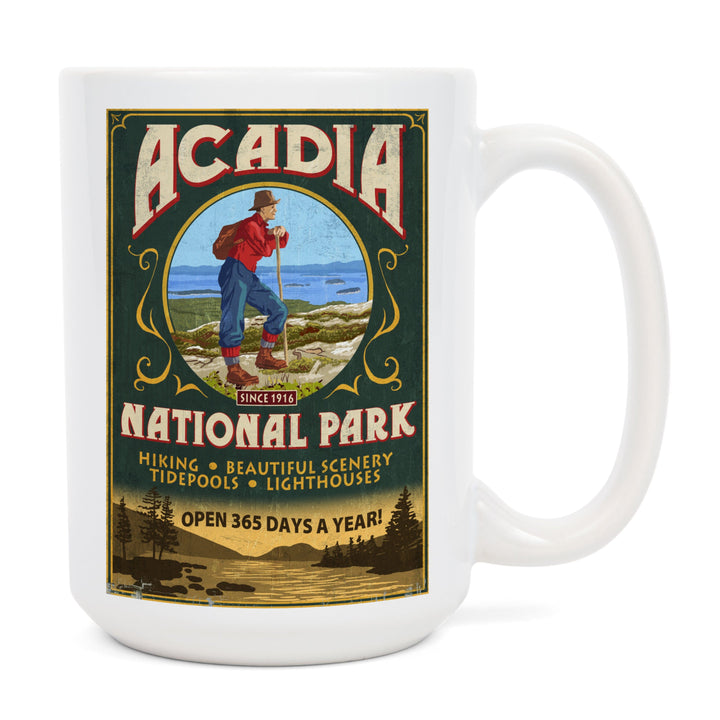 Acadia National Park, Maine, Vintage Hiker Sign, Lantern Press Artwork, Ceramic Mug Mugs Lantern Press 