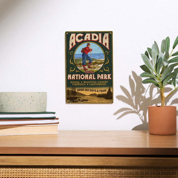 Acadia National Park, Maine, Vintage Hiker Sign, Lantern Press Artwork, Wood Signs and Postcards Wood Lantern Press 