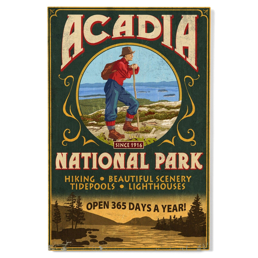 Acadia National Park, Maine, Vintage Hiker Sign, Lantern Press Artwork, Wood Signs and Postcards Wood Lantern Press 