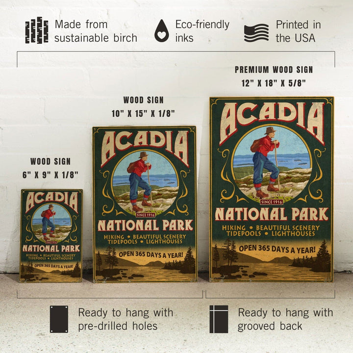 Acadia National Park, Maine, Vintage Hiker Sign, Lantern Press Artwork, Wood Signs and Postcards Wood Lantern Press 