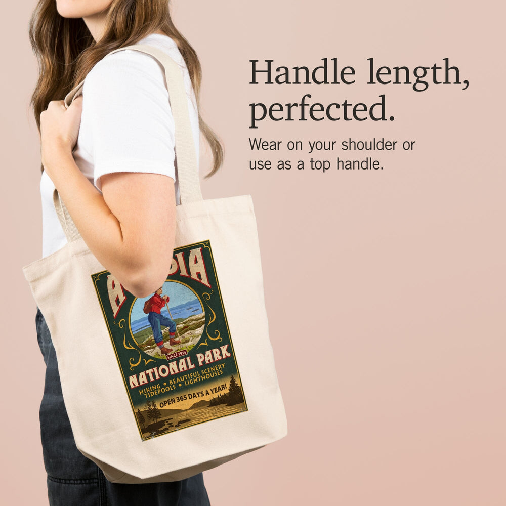 Acadia National Park, Maine, Vintage Hiker Sign, Tote Bag Totes Lantern Press 