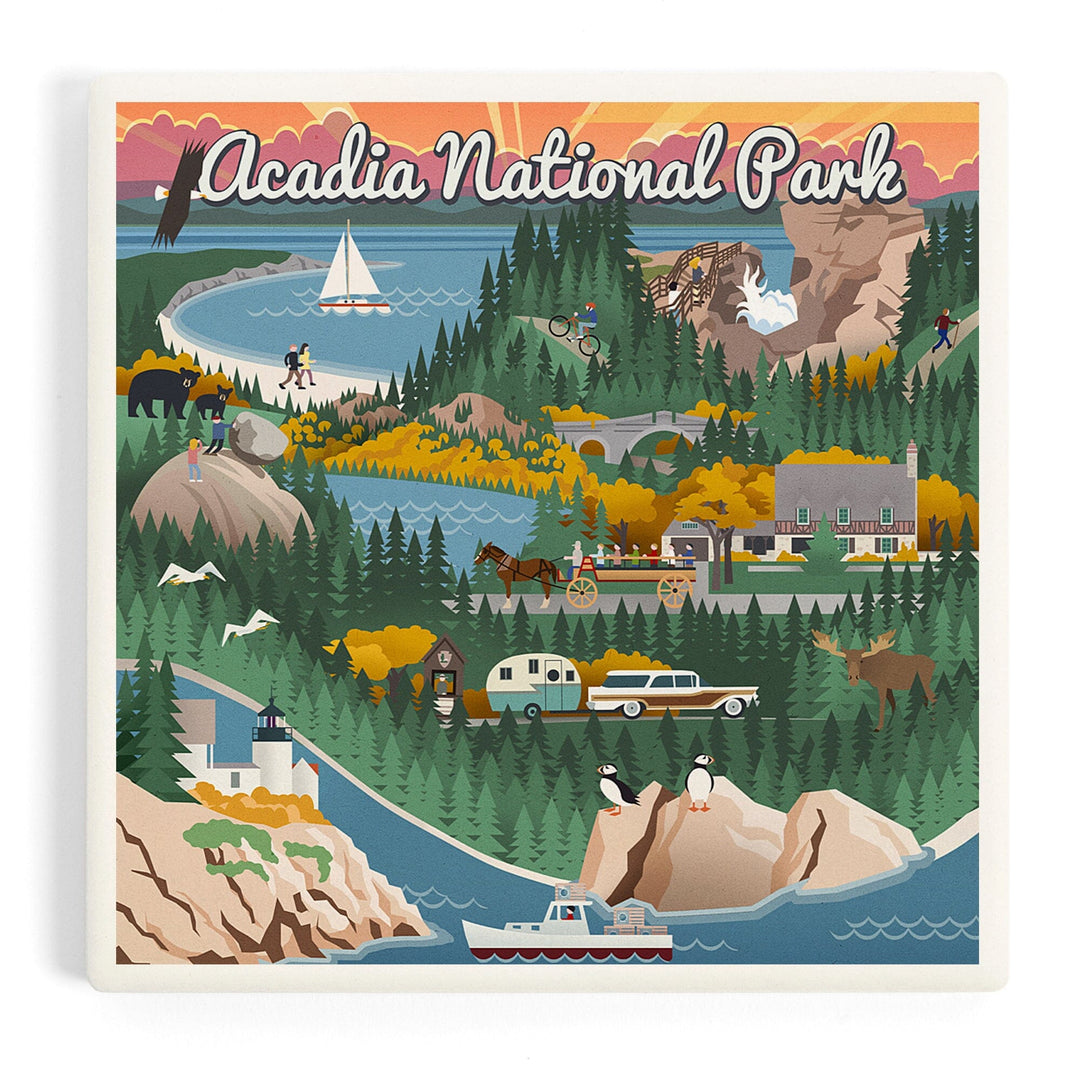 Acadia National Park, Retro View, Coasters Coasters Lantern Press Coaster 