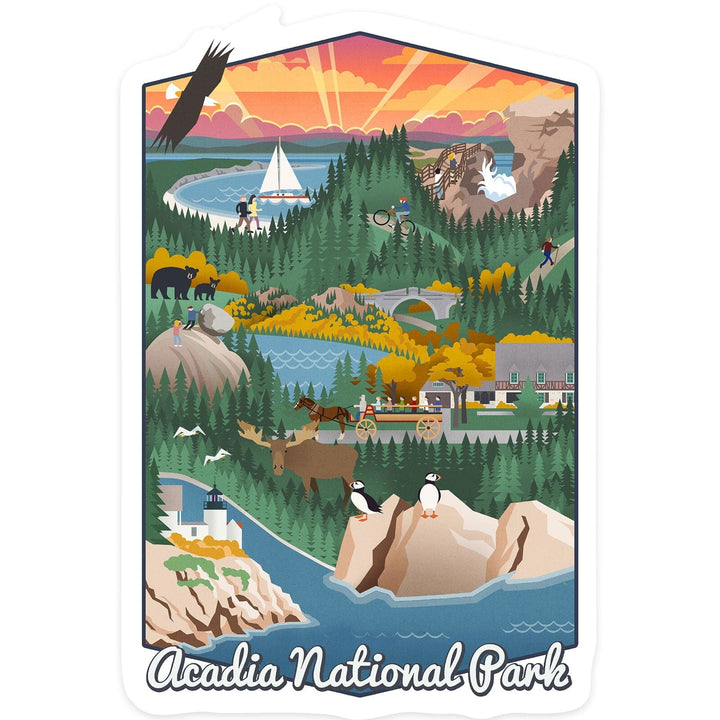 Acadia National Park, Retro View, Contour, Vinyl Sticker Sticker Lantern Press 