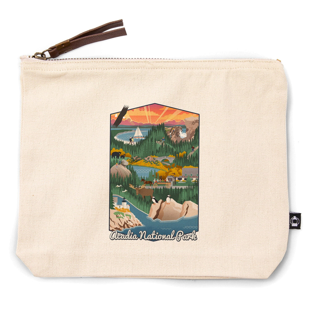 Acadia National Park, Retro View,, Organic Cotton Zipper Pouch, Go Bag Go Bag Lantern Press 