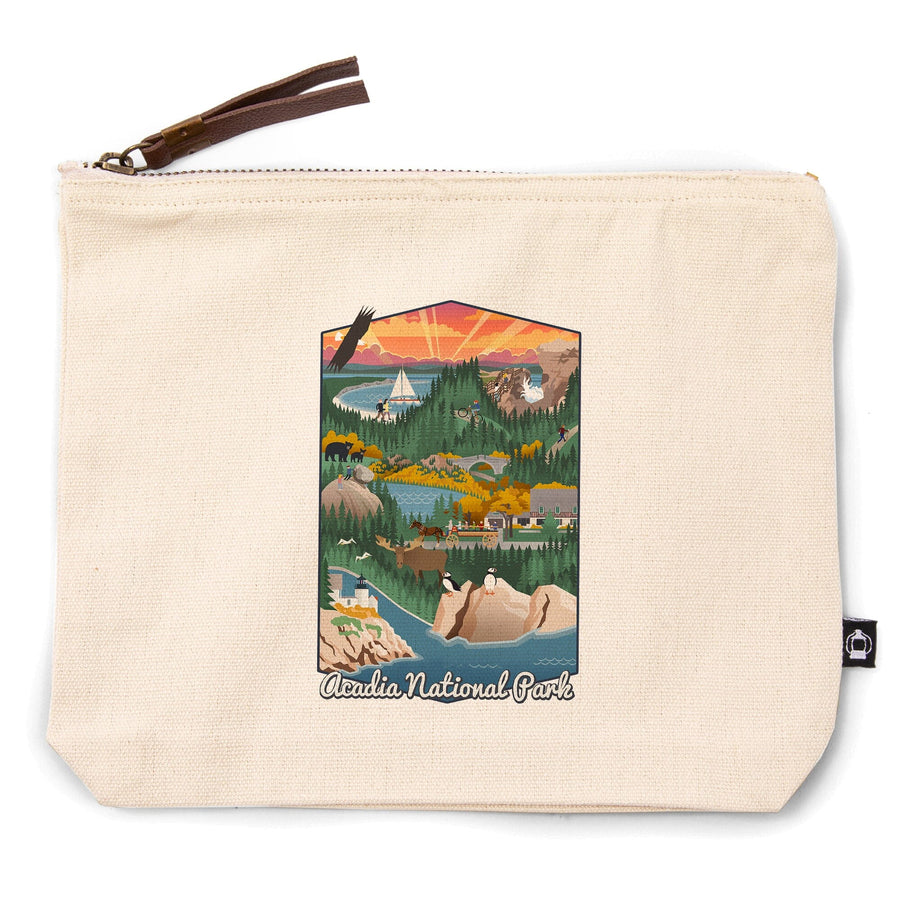 Acadia National Park, Retro View,, Organic Cotton Zipper Pouch, Go Bag Go Bag Lantern Press 