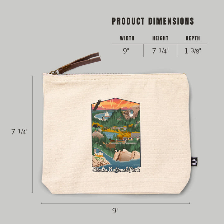 Acadia National Park, Retro View,, Organic Cotton Zipper Pouch, Go Bag Go Bag Lantern Press 