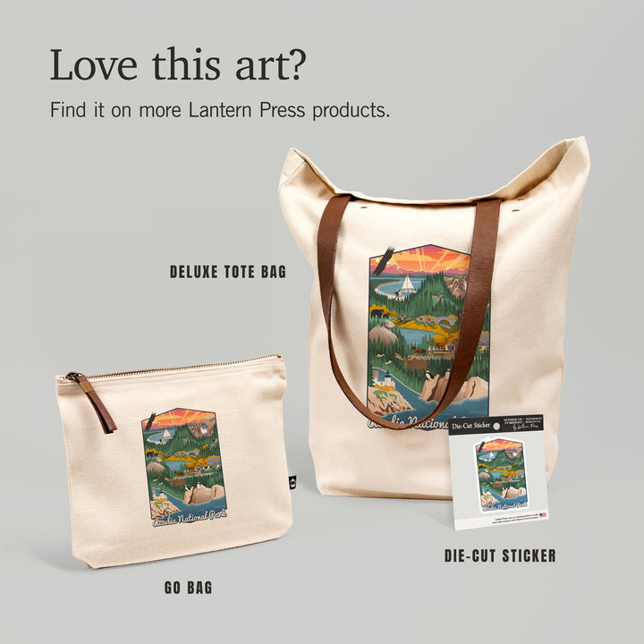 Acadia National Park, Retro View,, Organic Cotton Zipper Pouch, Go Bag Go Bag Lantern Press 