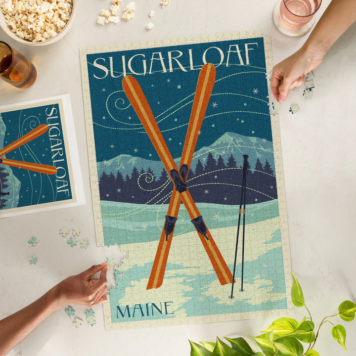 Sugarloaf, Maine, Crossed Skis, Letterpress, Jigsaw Puzzle