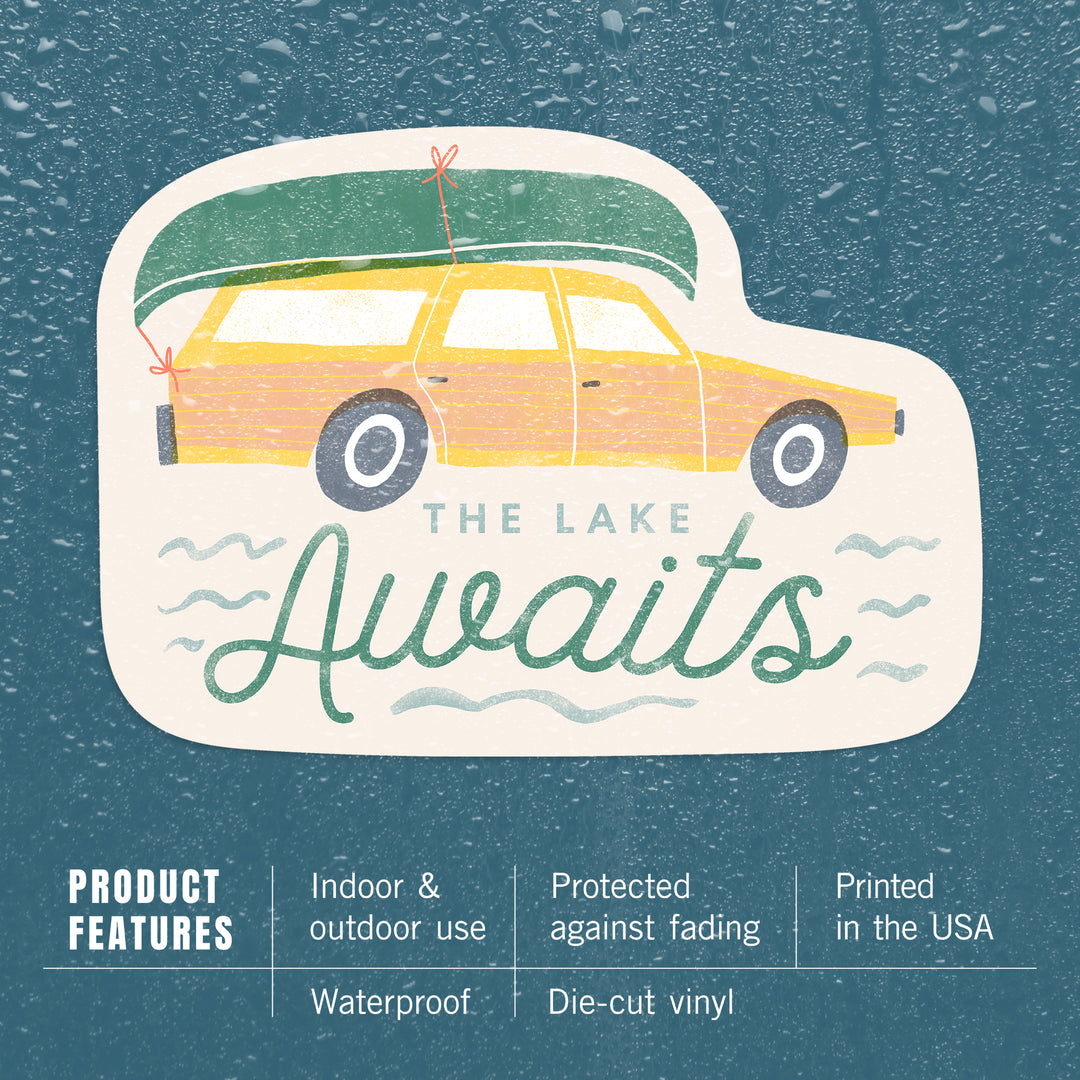 Vintage Summer Series, The Lake Awaits Car Canoe, Contour, Vinyl Sticker