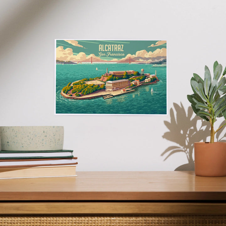 San Francisco, California, Alcatraz with Golden Gate Bridge, Painterly, Art & Giclee Prints