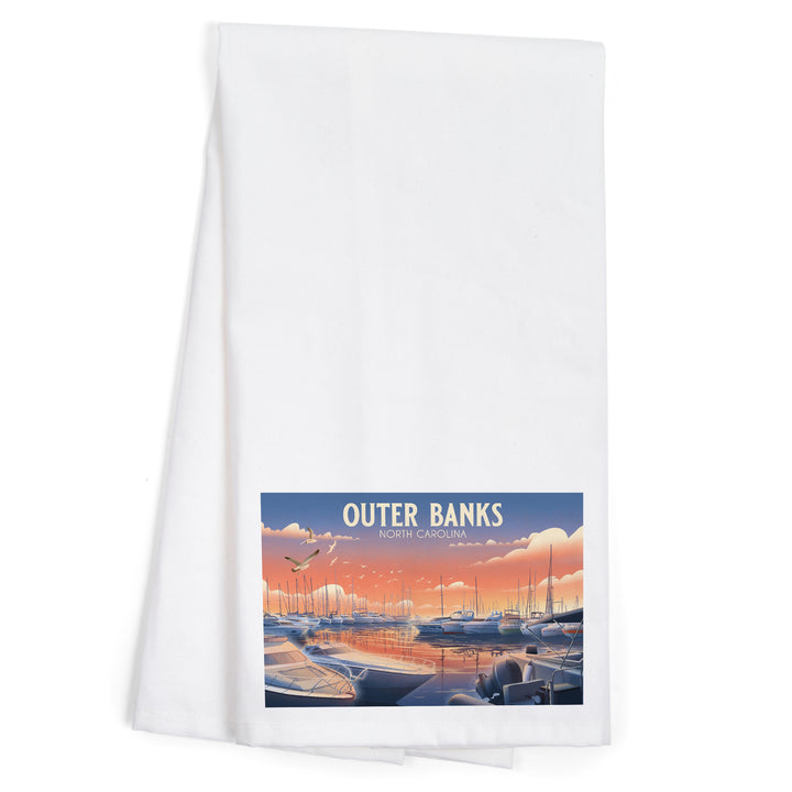 Outer Banks, North Carolina, Lithograph, Home Sweet Harbor, Boats in Marina, Organic Cotton Kitchen Tea Towels