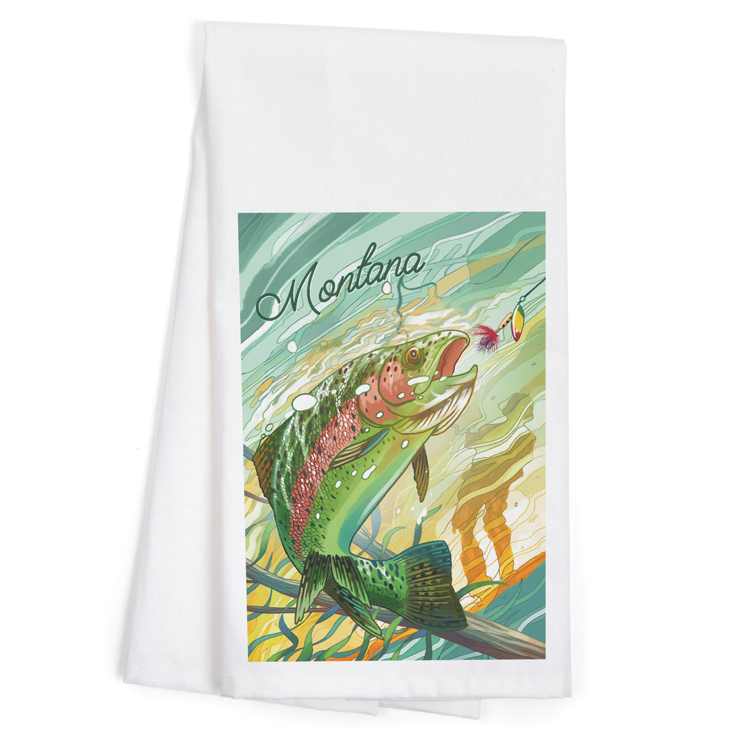 Montana, Fishing, Underwater Trout with Dry Fly, Organic Cotton Kitchen Tea Towels