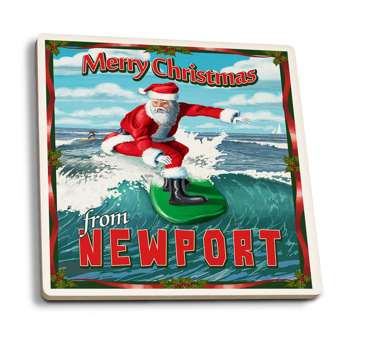 Newport Beach, California, Merry Christmas, Santa Surfing, Coaster Set