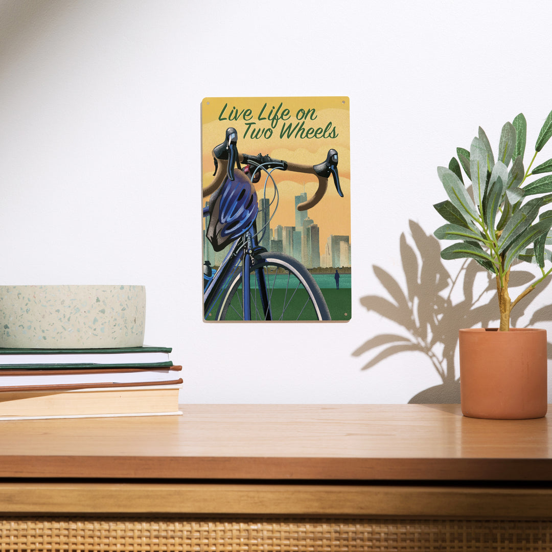 Live Life on Two Wheels, Bicycle and City, Lithograph, Wood Signs and Postcards