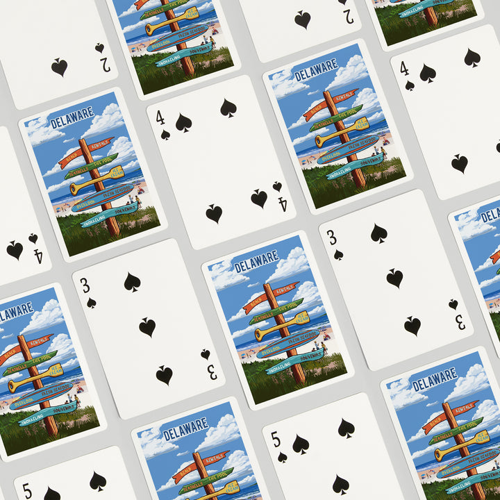 Playing Cards, Delaware, Signpost, Coast Beach with Umbrellas, 52 Card Deck with Jokers in Box, Unique Art