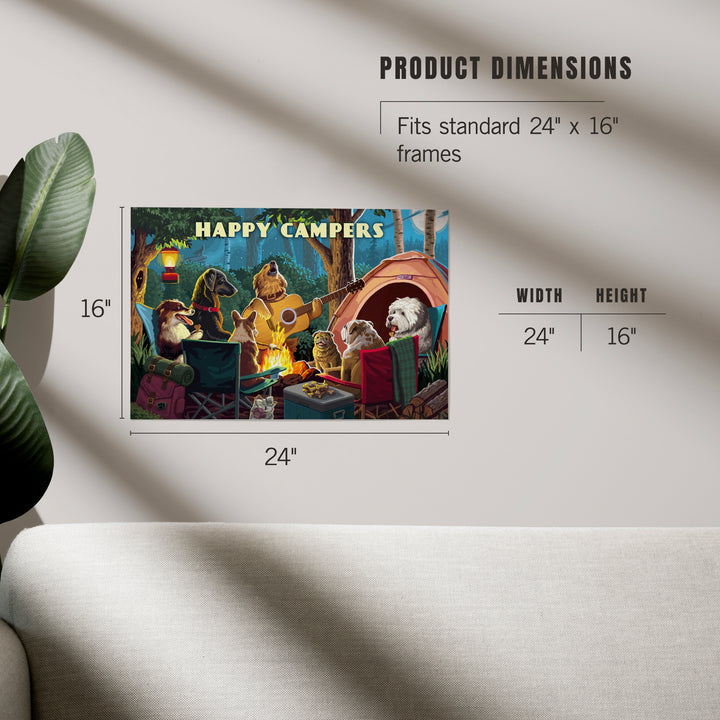 Happy Campers, Painterly, Pack Life, Dogs Around Campfire, Art & Giclee Prints