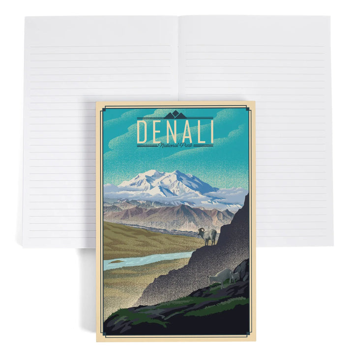 Lined 6x9 Journal, Denali National Park, Lithograph National Park Series, Lay Flat, 193 Pages, FSC paper