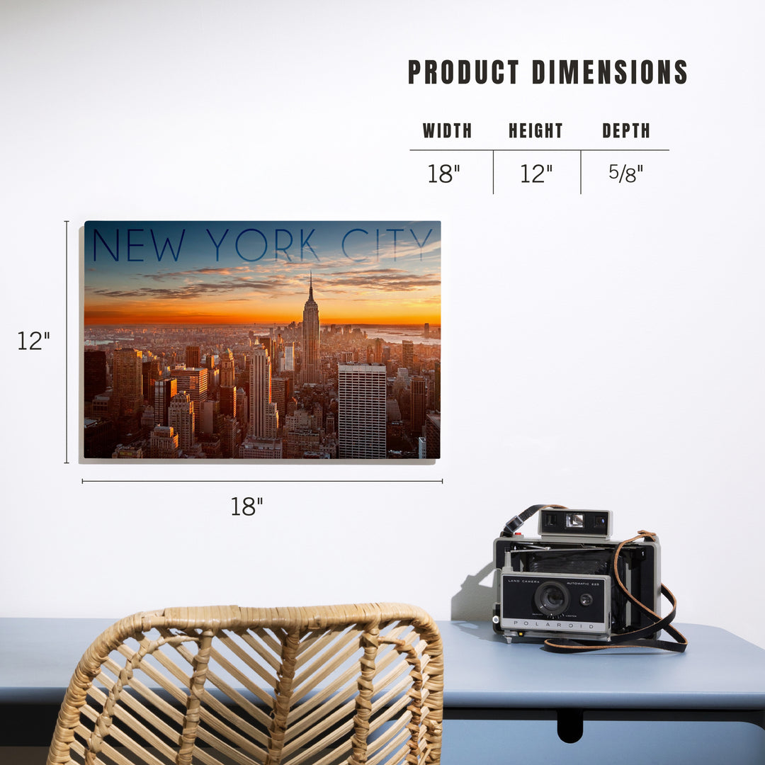 New York City, New York, Aerial Skyline at Sunset, Lantern Press Photography, Wood Signs and Postcards