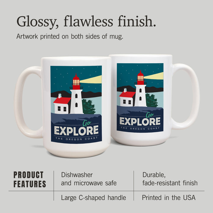 Oregon Coast, Go Explore (Lighthouse), Lantern Press Artwork, Ceramic Mug