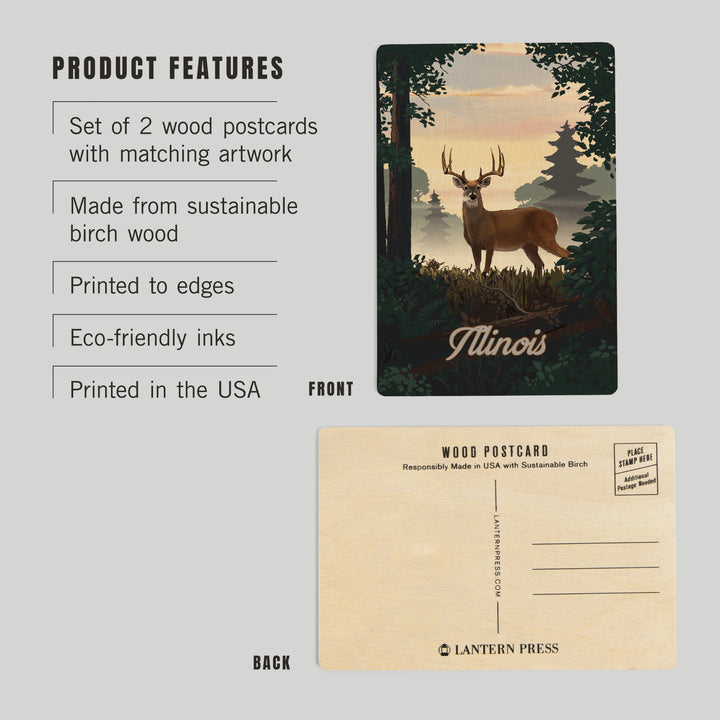 Illinois, Painterly, Deer and Sunrise, Wood Sign and Postcards