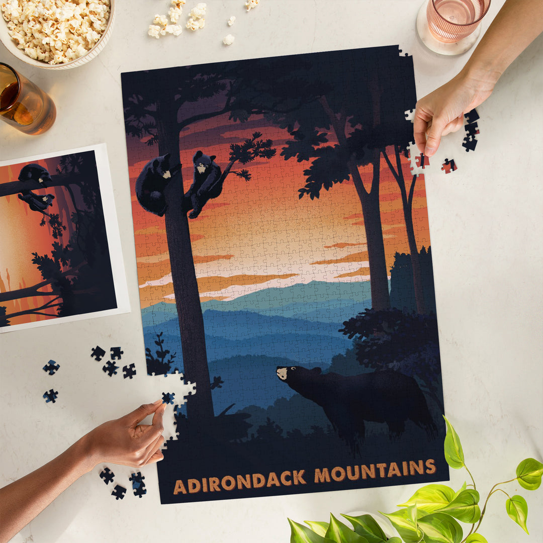 Adirondack Mountains, Black Bear Family, Sunset, Jigsaw Puzzle Puzzle Lantern Press 