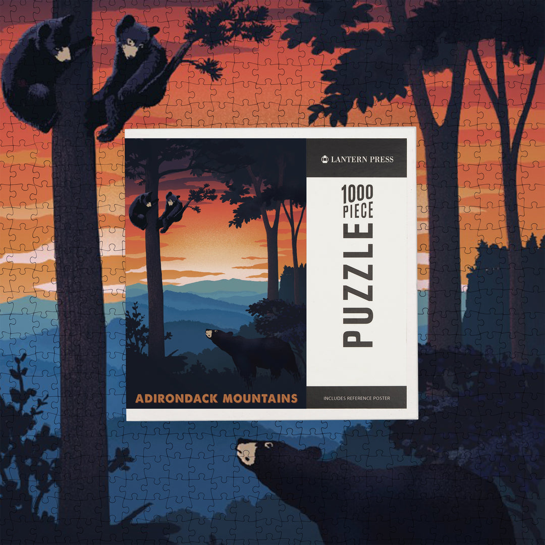 Adirondack Mountains, Black Bear Family, Sunset, Jigsaw Puzzle Puzzle Lantern Press 