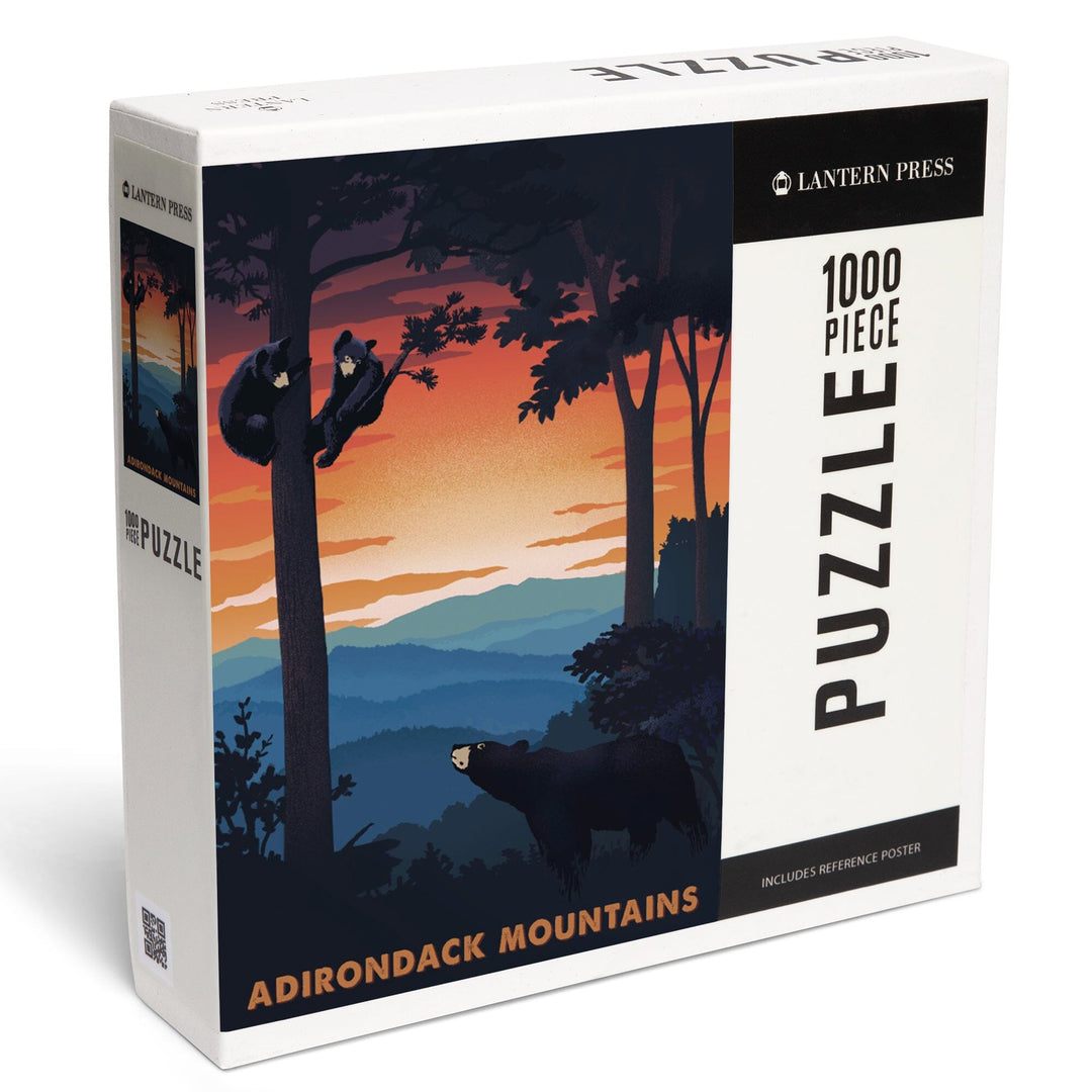 Adirondack Mountains, Black Bear Family, Sunset, Jigsaw Puzzle Puzzle Lantern Press 