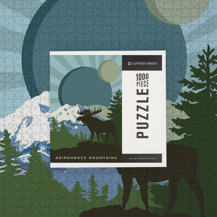Adirondack Mountains, Moose Silhouette, Jigsaw Puzzle Puzzle Lantern Press 