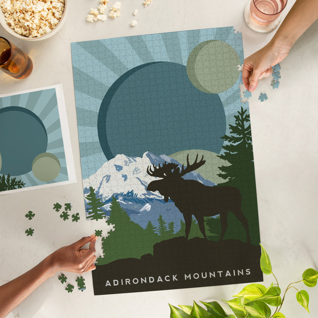 Adirondack Mountains, Moose Silhouette, Jigsaw Puzzle Puzzle Lantern Press 