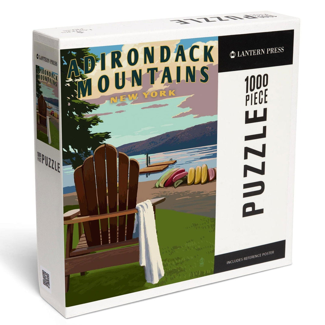 Adirondack Mountains, New York, Adirondack Chair and Lake, Jigsaw Puzzle Puzzle Lantern Press 