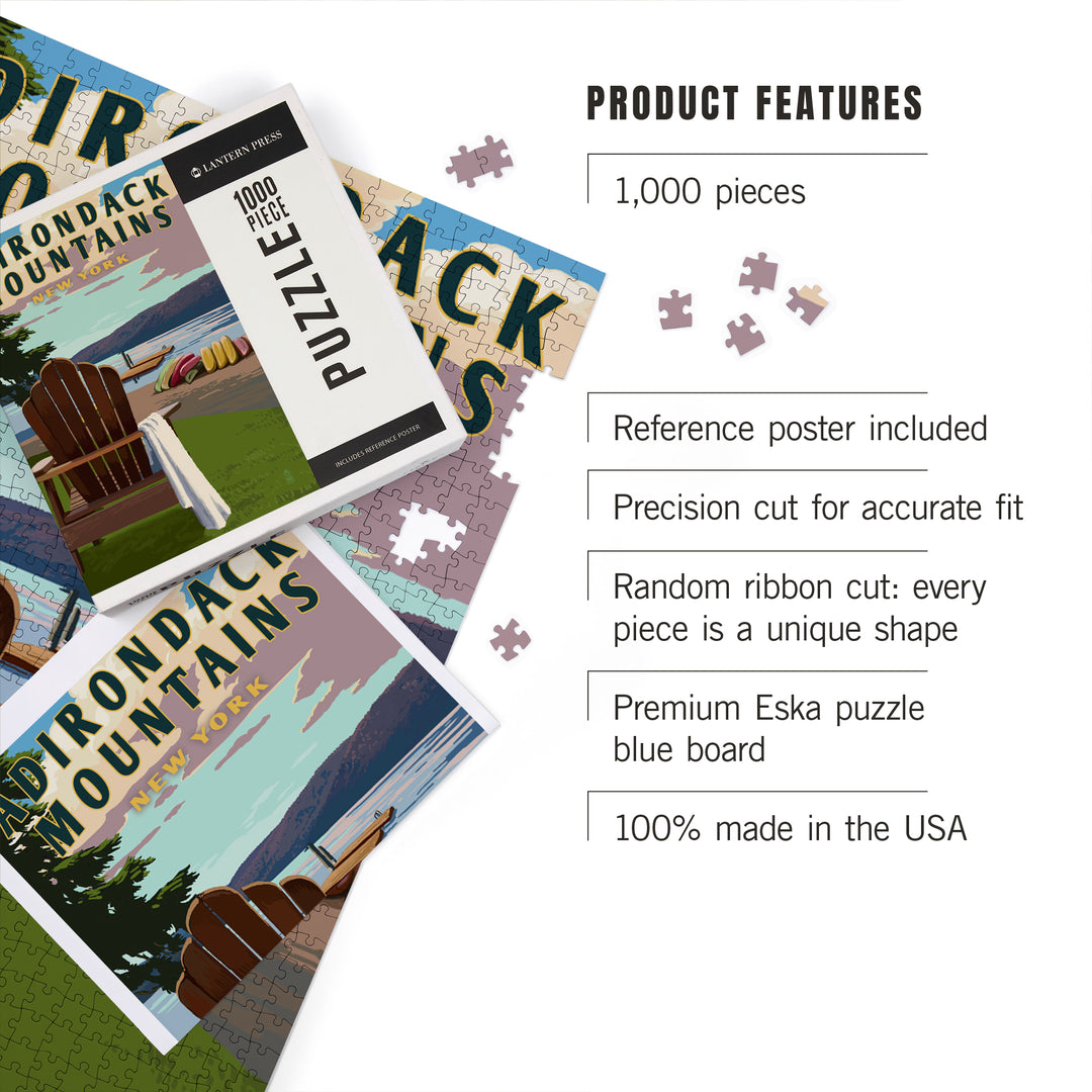 Adirondack Mountains, New York, Adirondack Chair and Lake, Jigsaw Puzzle Puzzle Lantern Press 