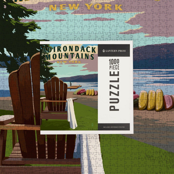 Adirondack Mountains, New York, Adirondack Chair and Lake, Jigsaw Puzzle Puzzle Lantern Press 