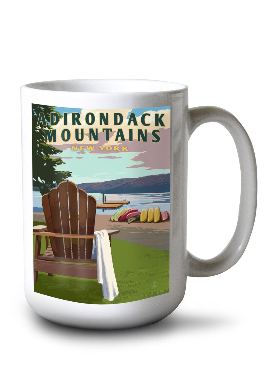 Adirondack Mountains, New York, Adirondack Chair & Lake, Lantern Press Artwork, Ceramic Mug Mugs Lantern Press 