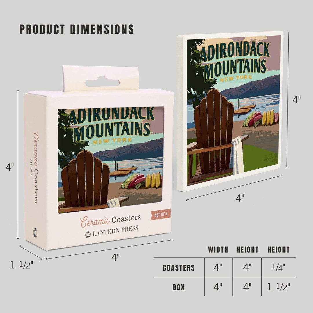 Adirondack Mountains, New York, Adirondack Chair & Lake, Lantern Press Artwork, Coaster Set Coasters Lantern Press 