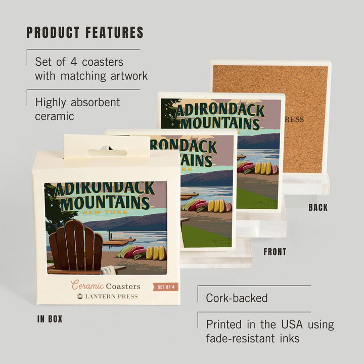 Adirondack Mountains, New York, Adirondack Chair & Lake, Lantern Press Artwork, Coaster Set Coasters Lantern Press 