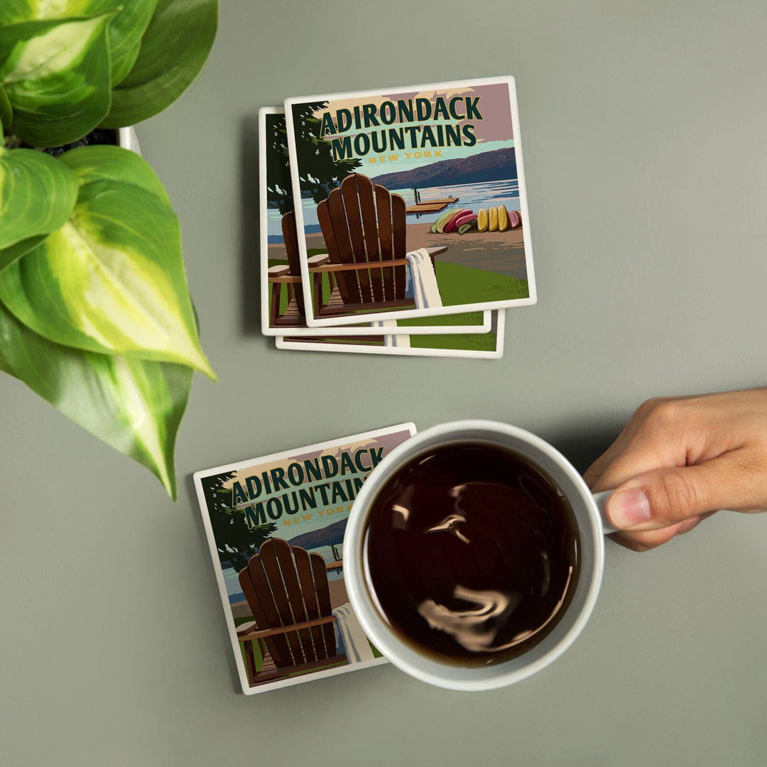 Adirondack Mountains, New York, Adirondack Chair & Lake, Lantern Press Artwork, Coaster Set Coasters Lantern Press 